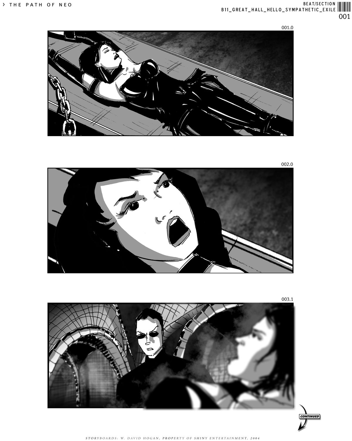 In a trio of storyboard drawings for Path of Neo, Neo looks down at a woman chained to a torture rack