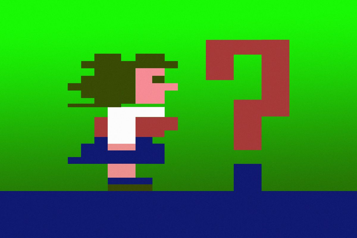 Illustrazione di una donna tragica al computer su uno sfondo verde che guarda un punto interrogativo