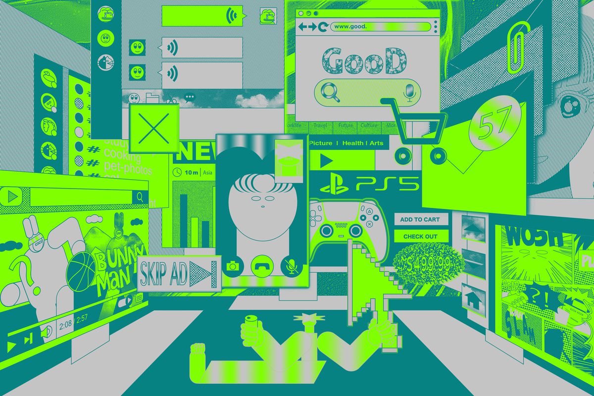 Illustrazione astratta ispirata agli schermi digitali nei colori verde lime, salvia e grigio