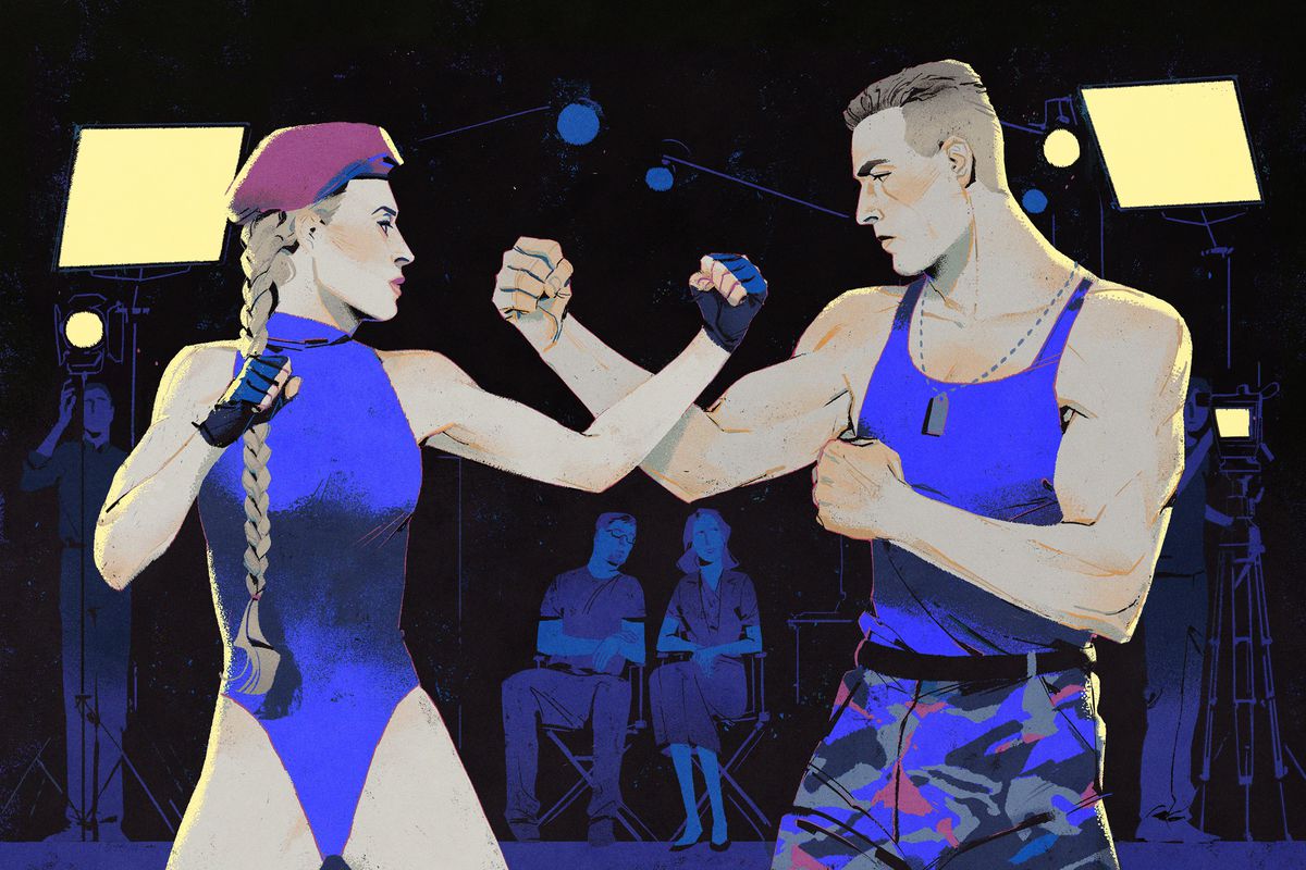 Un'illustrazione mostra Kylie Minogue che combatte contro Jean-Claude Van Damme mentre lo staff di Incredible Technologies registra filmati