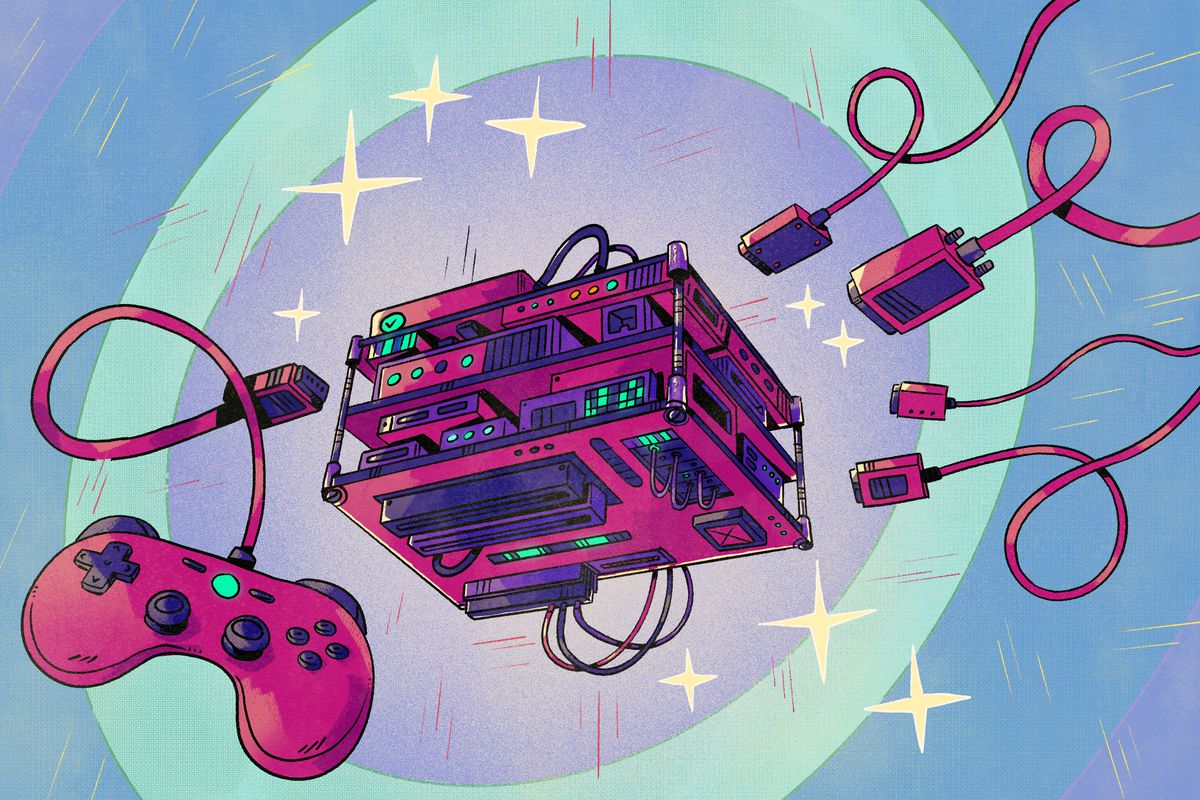 Illustrazione del controller di gioco, dei cavi e di una console MiSTer FPGA