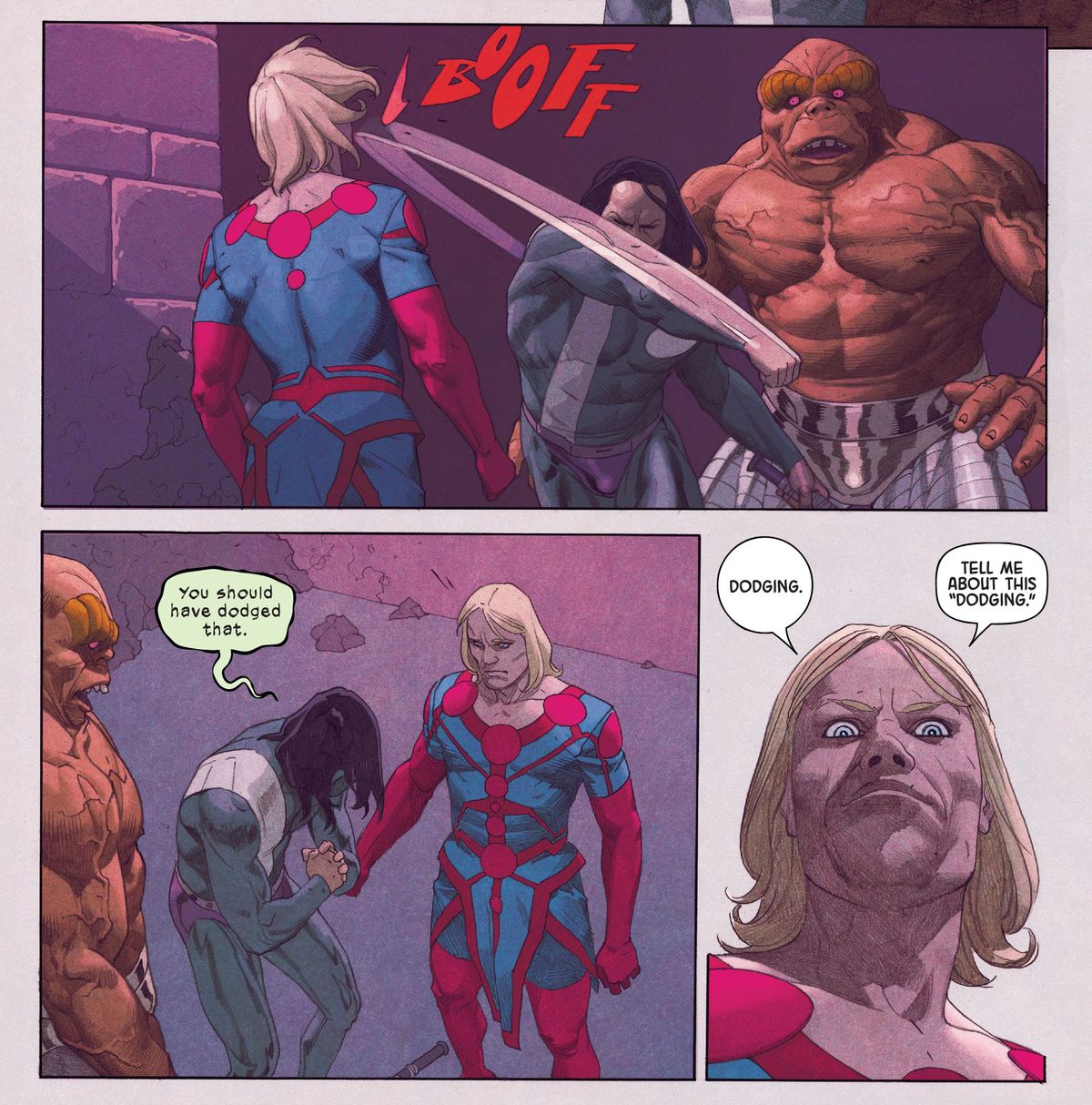 Il Rifiuto colpisce Ikaris in bocca, e poi culla la sua mano, borbottando