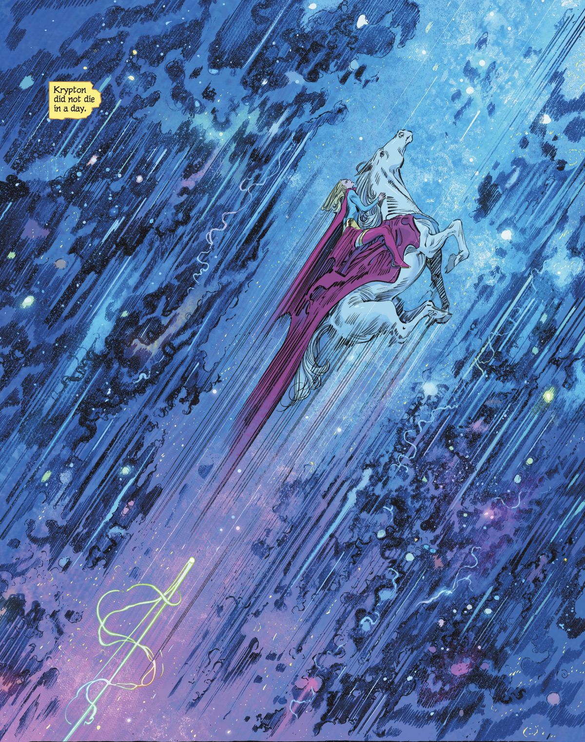 Supergirl cavalca Comet il Super-cavallo attraverso stelle blu e rosa a una velocità tale da infrangere le leggi della scienza e della magia, inseguita da una striscia arcobaleno di qualcosa in Supergirl: Woman of Tomorrow #6 (2021).