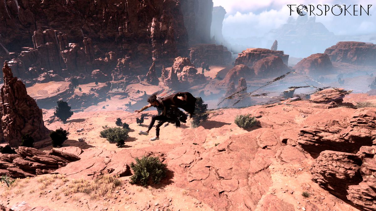 Frey salta attraverso una landa desolata del deserto usando il parkour magico in Forspoken