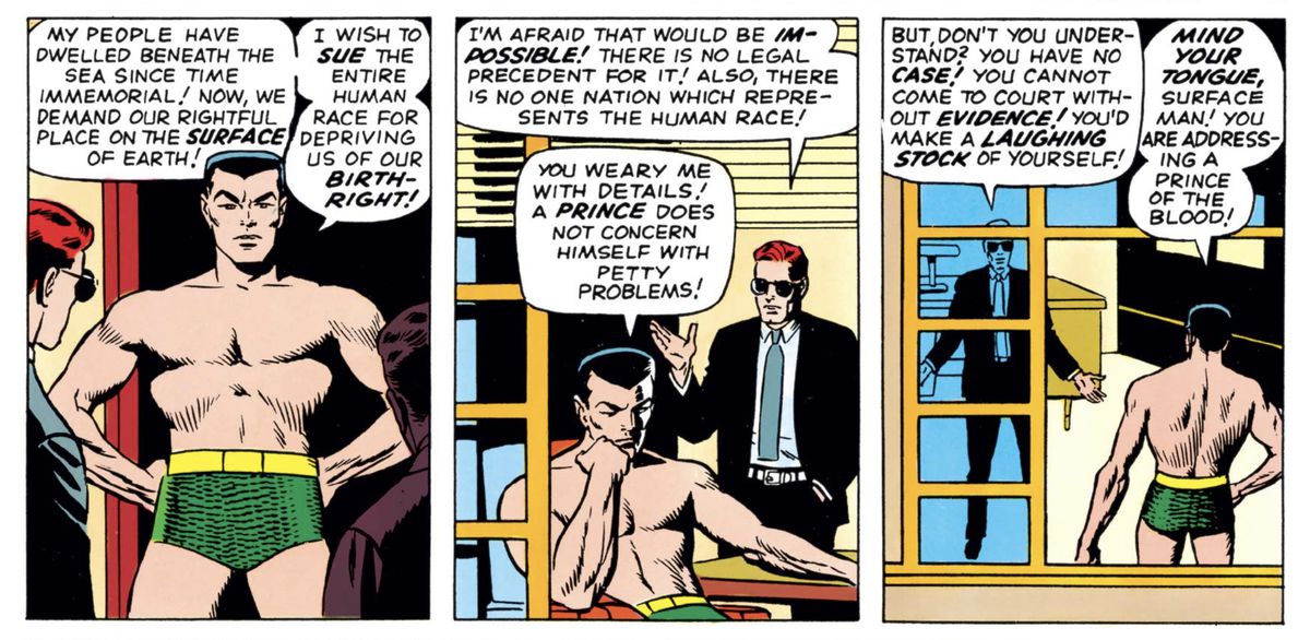 Matt Murdock cerca di spiegare a un frustrato Namor che è impossibile citare in giudizio l'intera razza umana in Daredevil #7 (1965).