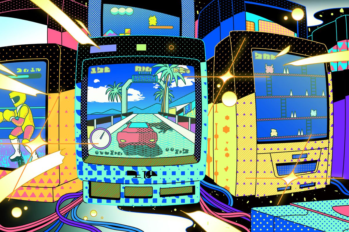 Illustrazione di schermi di gioco CRT vintage in varie forme, dimensioni e colori