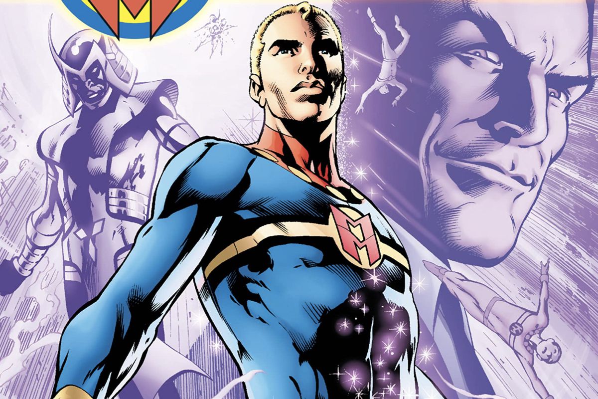 Il Miracleman vestito di blu, rosso e oro sulla copertina di Miracleman: A Dream of Flying. 