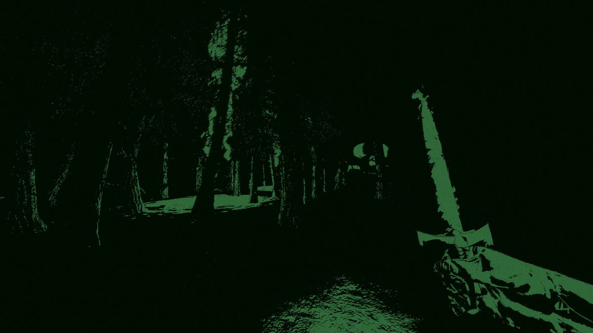 Una visuale in prima persona con una sfumatura verde in Nix Umbra