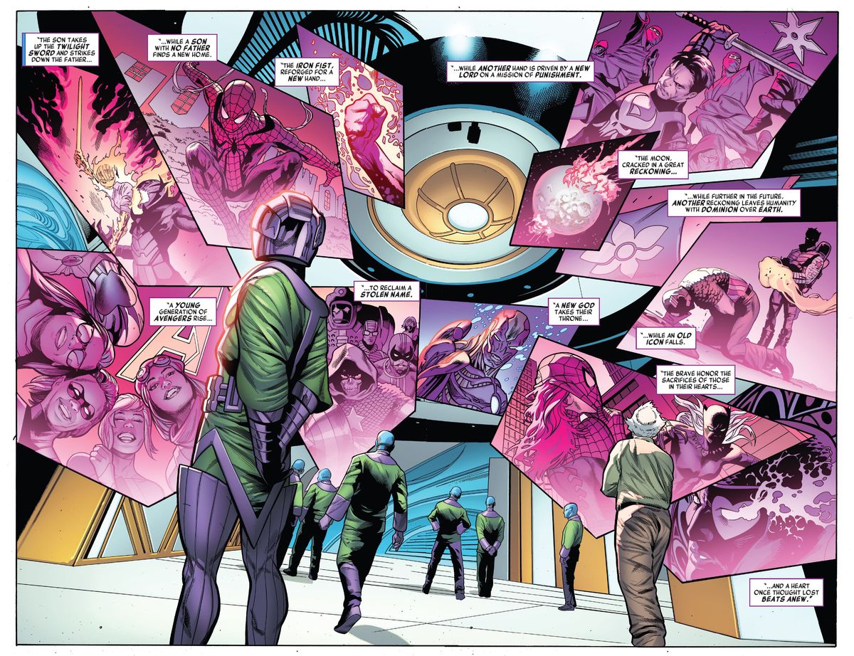 Kang il Conquistatore vede un caleidoscopio di immagini che suggeriscono i prossimi eventi della Marvel Comics in Timeless #1 (2021).