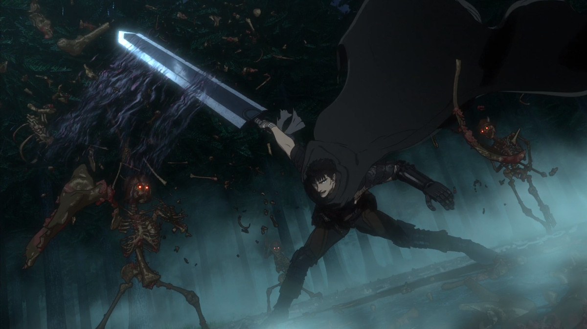 Un fermo immagine di Guts che taglia mostri da Berserk