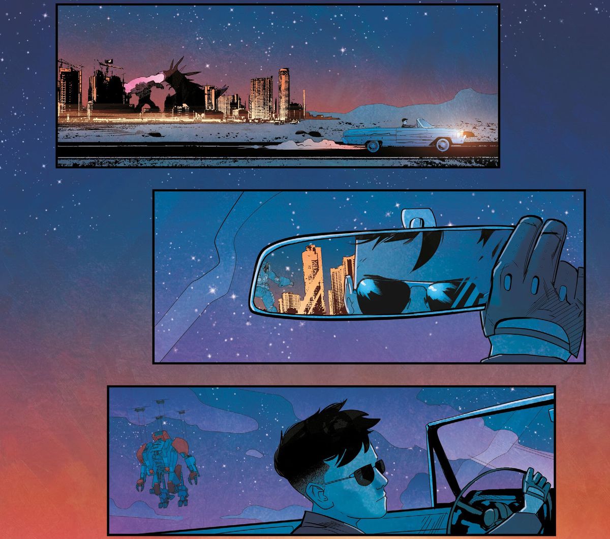 Una donna con un taglio di capelli da butch guida una decappottabile attraverso un deserto poco prima dell'alba. Un kaiju che sputa raggi di respiro combatte un robot gigante in uno skyline di una città lontana. Regola il suo specchietto retrovisore per osservare la lotta in We Ride Titans # 1 (2022).