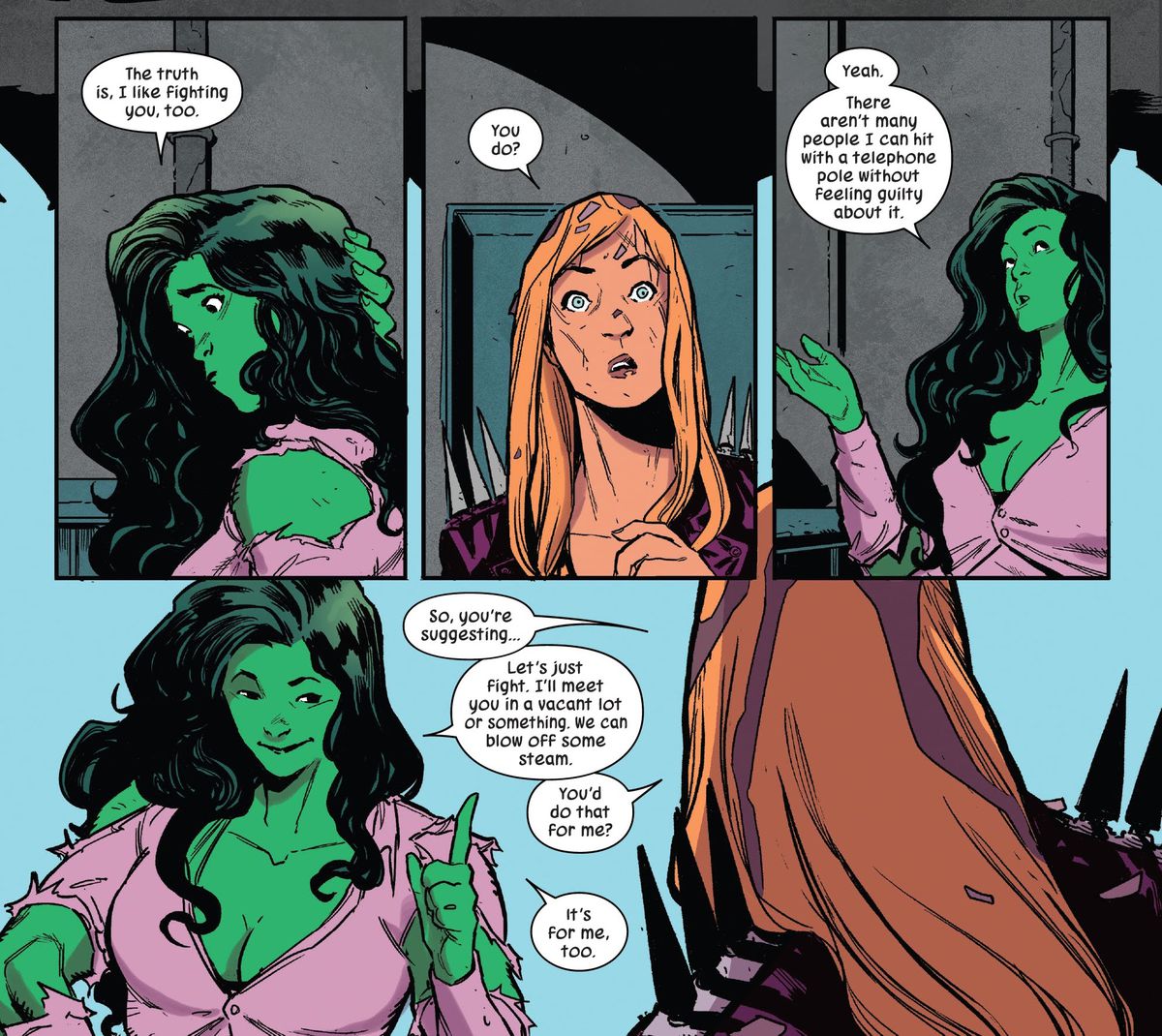 She-Hulk ammette timidamente al supercriminale Titania che anche a lei piace combattere contro di lei e propone di incontrarsi regolarmente in un lotto vuoto per sfogarsi in She-Hulk # 1 (2022).
