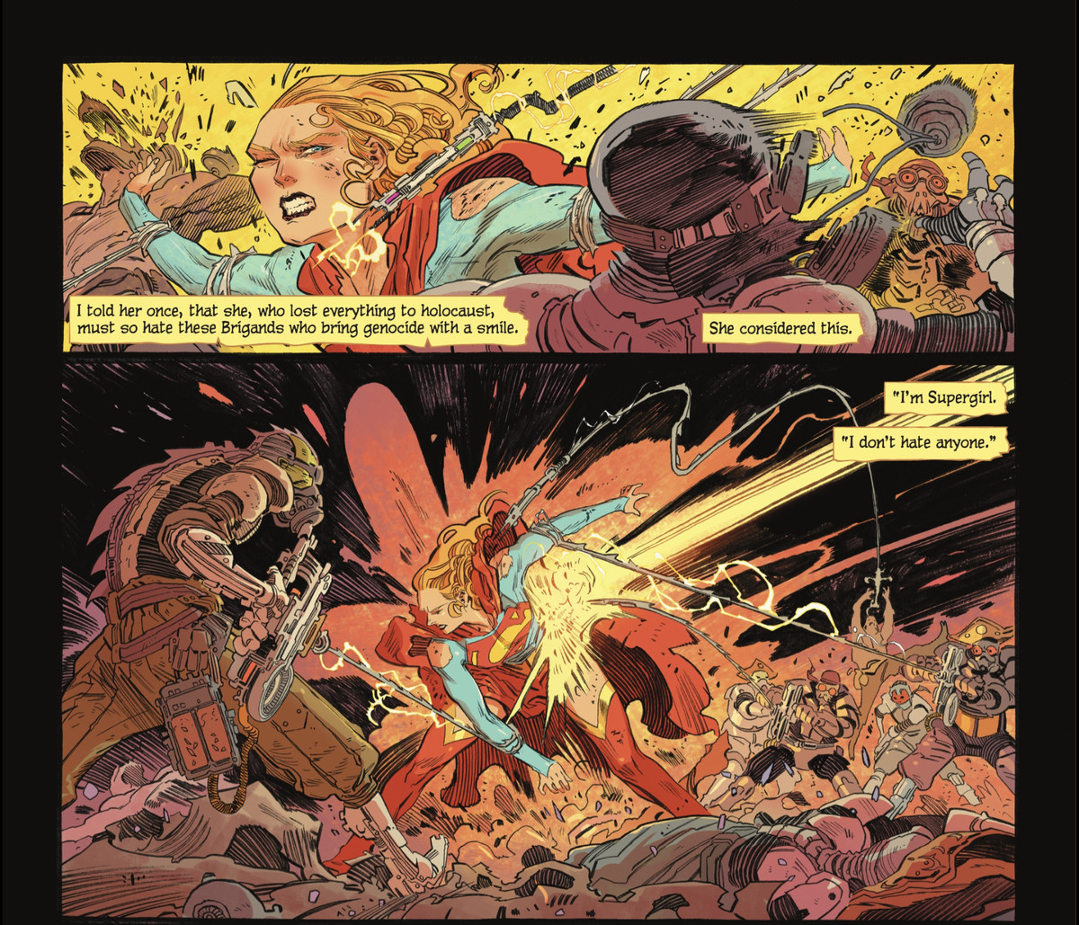 Supergirl combatte un'orda di pirati spaziali mentre la bombardano con lazer e fruste elettriche in Supergirl: Woman of Tomorrow #7. Un narratore racconta la storia di chiedere a Supergirl se odia i suoi nemici.
