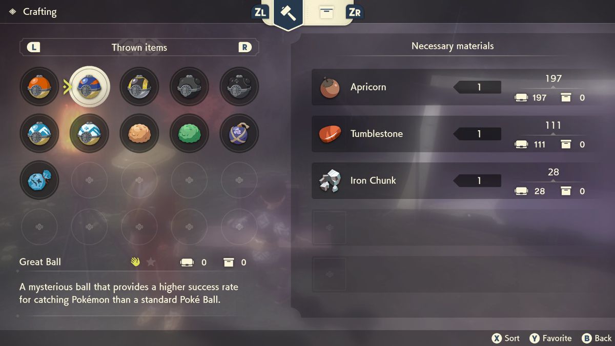 La schermata di creazione delle Pokéball in Pokémon Legends: Arceus