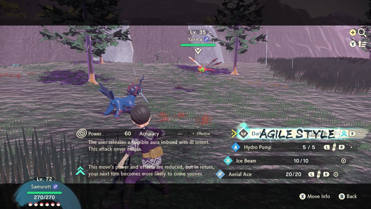 Un allenatore usa una mossa Agile Style in Pokémon Legends: Arceus