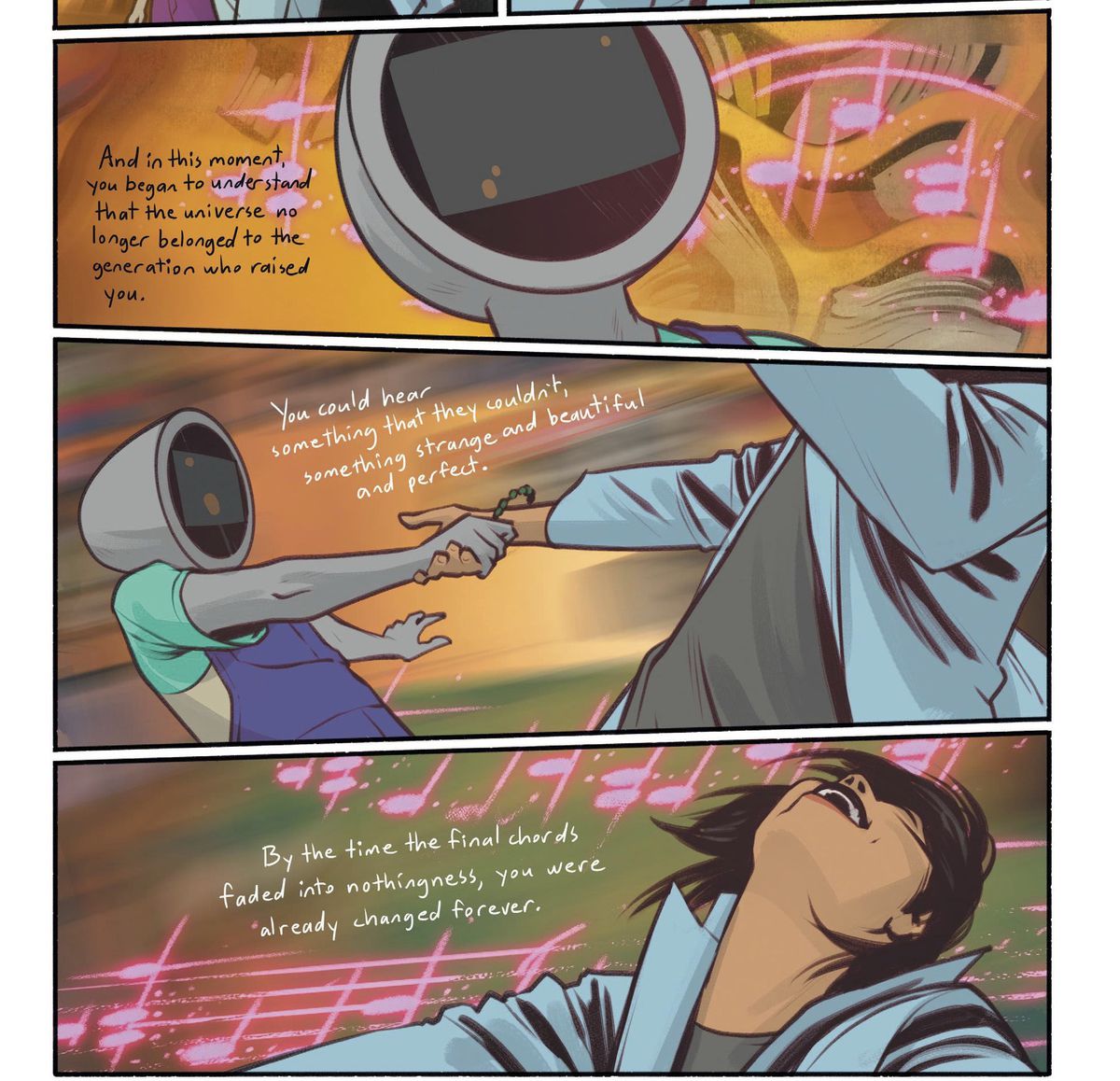 Hazel e Squire ballano insieme attraverso note musicali al neon fluttuanti, poiché la narrazione di Hazel descrive il momento in cui trovi per la prima volta una canzone che i tuoi genitori odiano ma che ami in Saga #55 (2022).