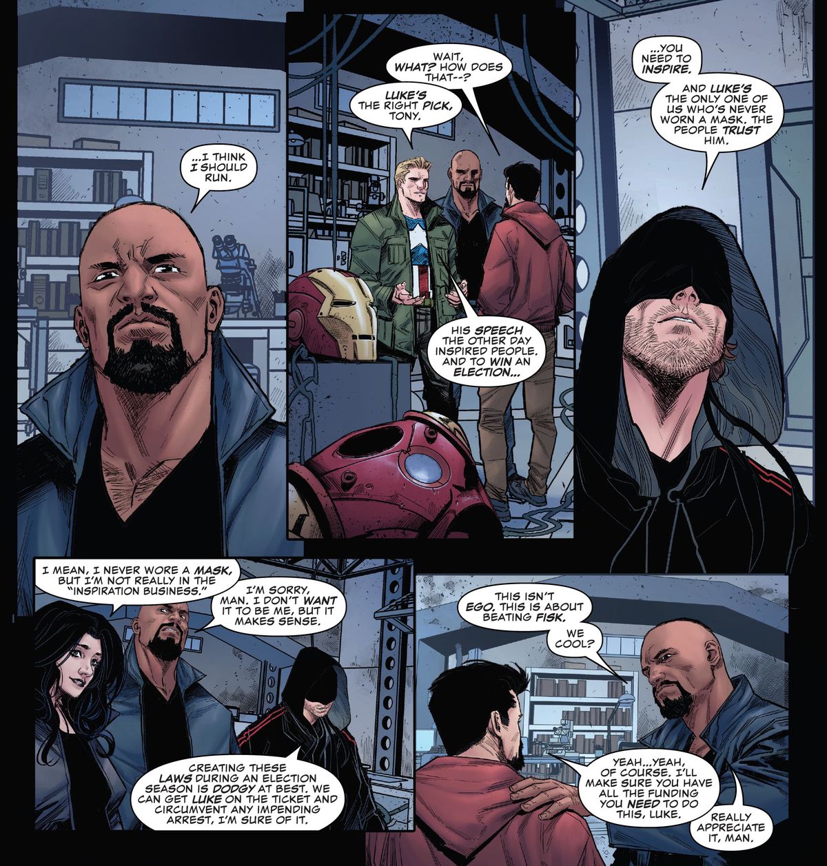 Luke Cage, Captain America/Steve Rogers e Daredevil/Matt Murdock spiegano gentilmente a Tony Stack che Luke è un candidato più eleggibile per il sindaco di New York City rispetto a Devil's Reign #2 (2021).