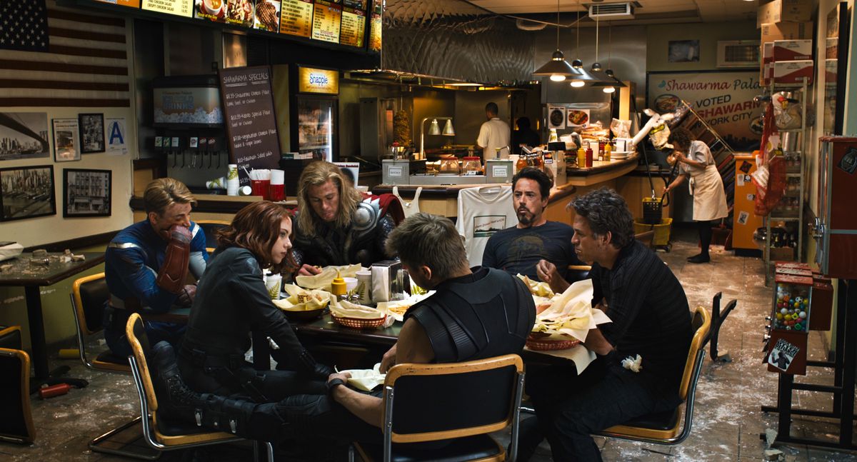 The Avengers eat shawarma together