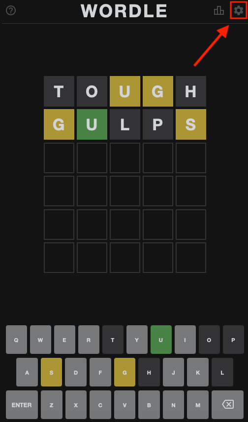 uno screenshot di un gioco di parole. c'è una freccia sullo schermo che punta all'angolo in alto a destra.