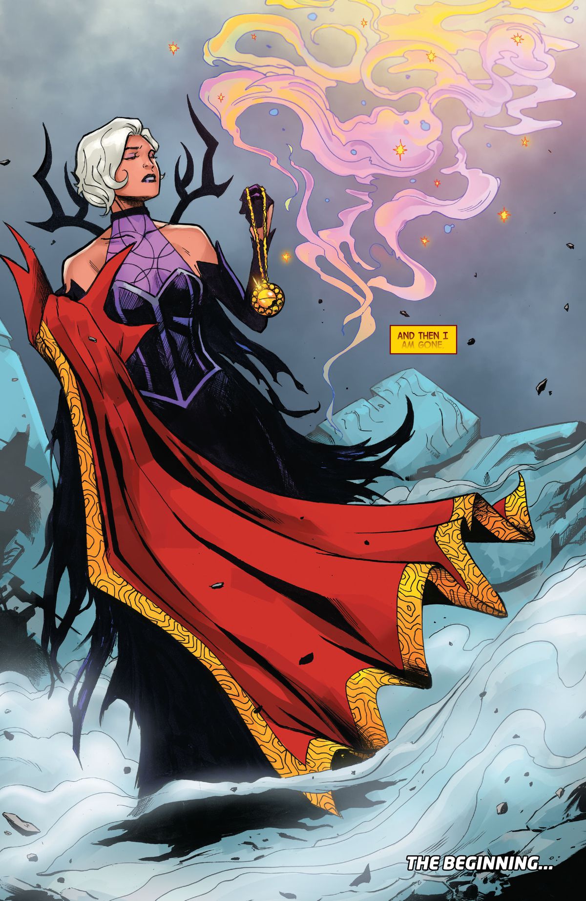 La maga Clea sta tenendo il mantello del dottor Strange e l'occhio di Agamotto in The Death of Doctor Strange #5 (2022).