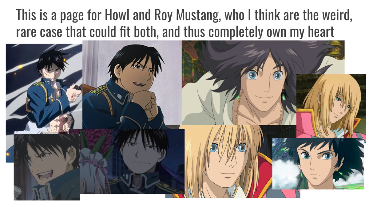 una diapositiva powerpoint con immagini di Roy Mustang di Fullmetal Alchemist: Brotherhood e Howl Pendragon di Howl's Moving Castle