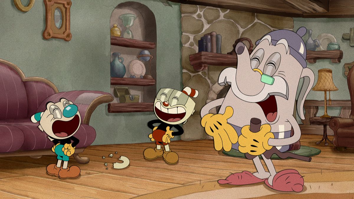 Cuphead, Elder Kettle e Mugman ridono nel loro soggiorno