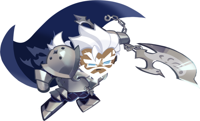 il biscotto del cavaliere del tè fa oscillare senza paura un'alabarda. indossa un'armatura completa che fa sembrare il suo corpo molto più grande.