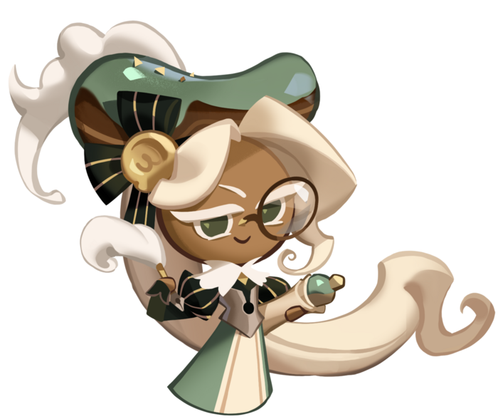 eclair cookie ha uno sguardo malizioso sulla sua faccia. aveva lunghi capelli color crema e indossava un monocolo e regge una pergamena.