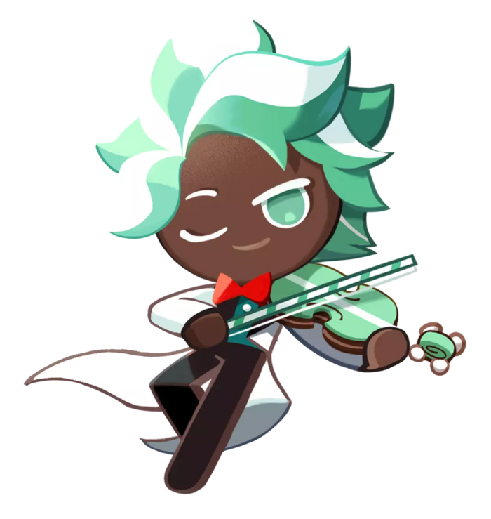 personaggio del biscotto con gocce di cioccolato alla menta dal regno dei biscotti. ha i capelli color menta strizza l'occhio alla telecamera mentre suona un violino.