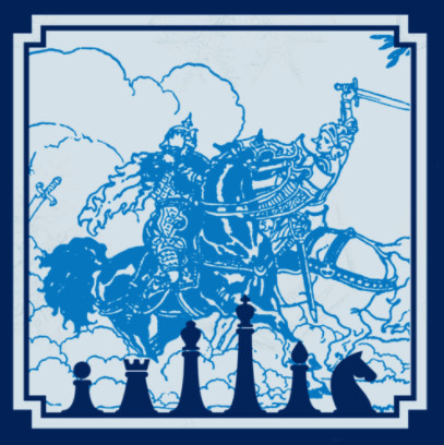 un cavaliere a cavallo con pezzi degli scacchi davanti