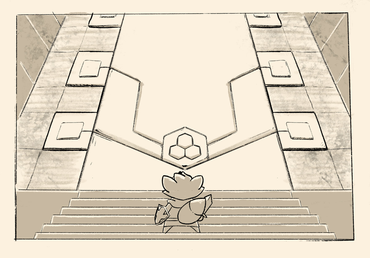 un disegno di una volpe in piedi davanti a un grande portone di Tunica