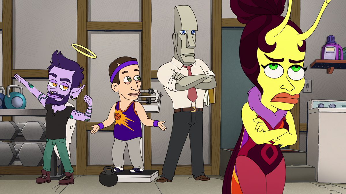 Una cimice che rotea gli occhi infastidita davanti a un angelo della dipendenza e una roccia logica che aiuta un uomo con una maglia dei Phoenix Suns