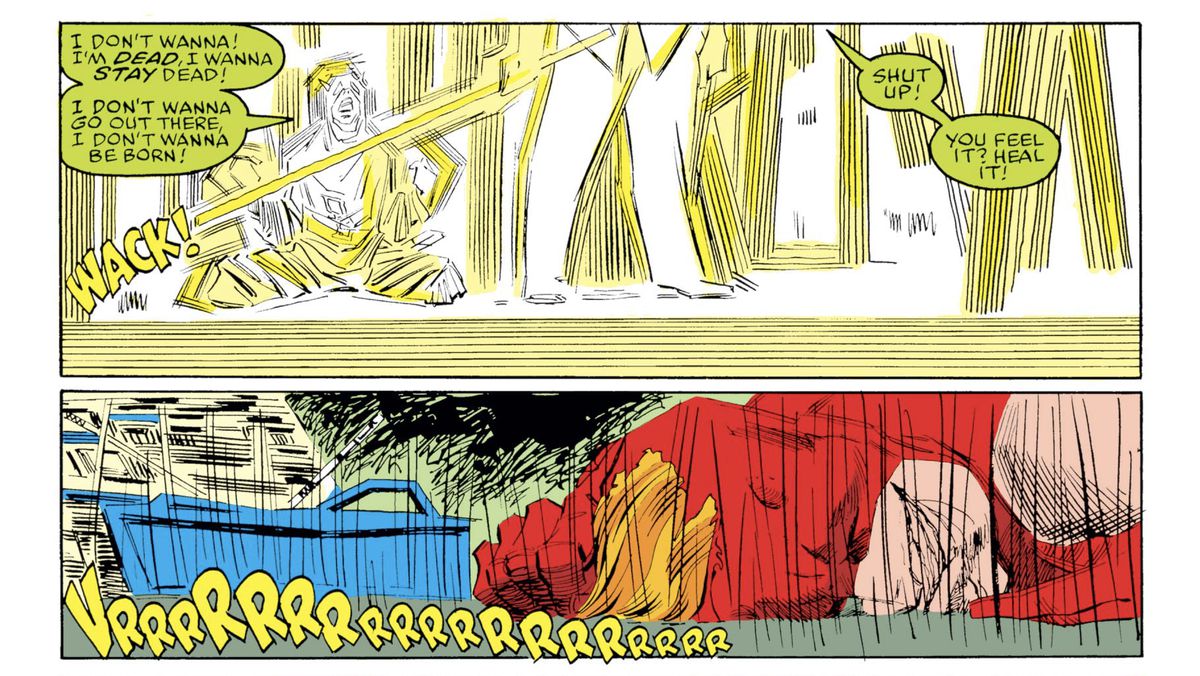 Dentro l'astratto della sua mente, il mentore di Daredevil, Stick, lo colpisce con un bastone, mentre Matt Murdock protesta “Non voglio!  Sono morto, voglio rimanere morto!”  In realtà, un aspirapolvere demoniaco si avvicina a lui, il motore che ringhia, in Daredevil #262 (1989).