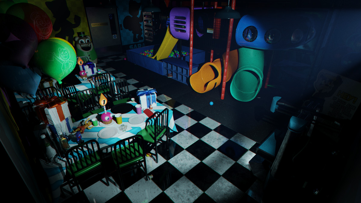 Un'immagine dall'alto di una stanza per feste di compleanno di bambini in POPGOES