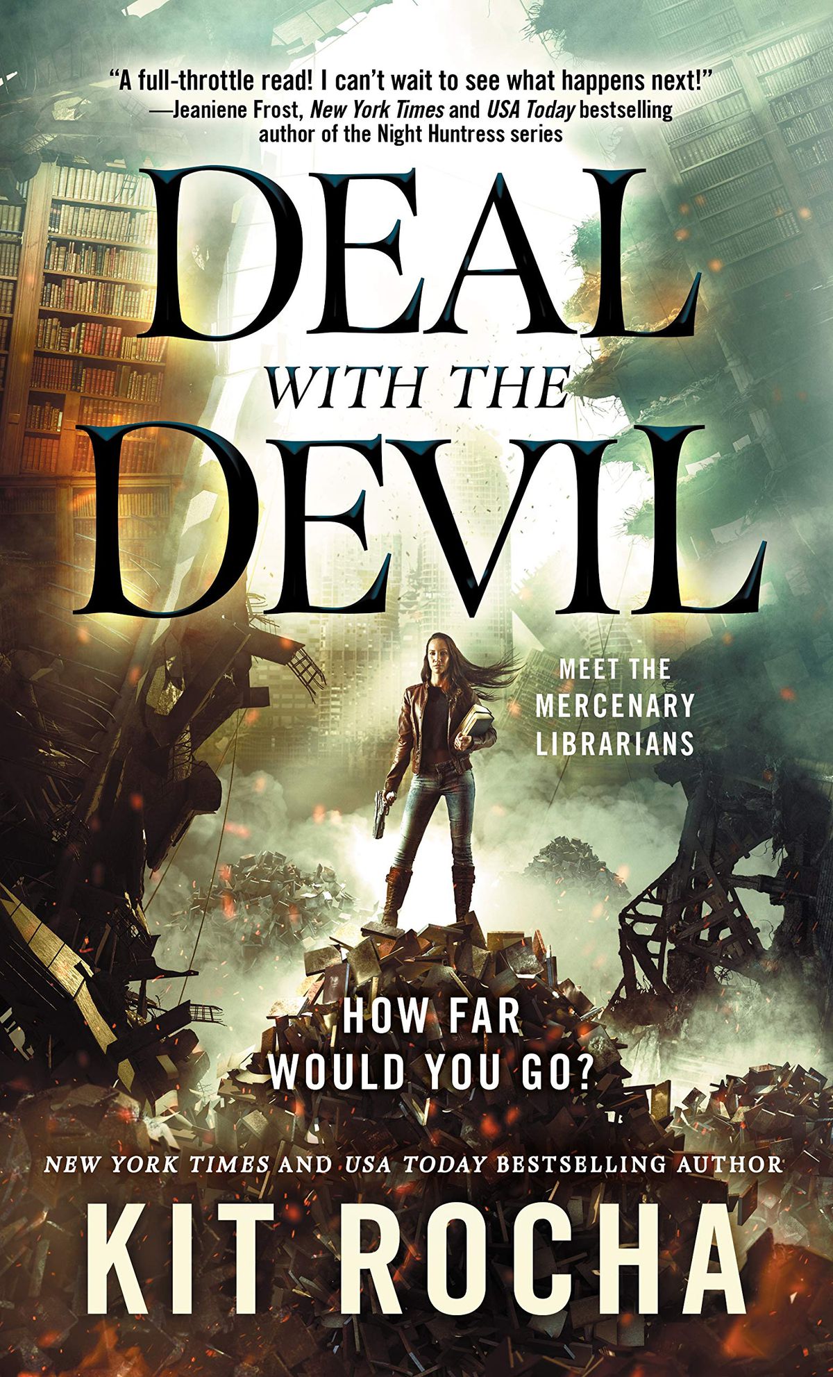 Copertina di Deal with the Devil, con una donna in piedi su una pila di libri contro un paesaggio distrutto