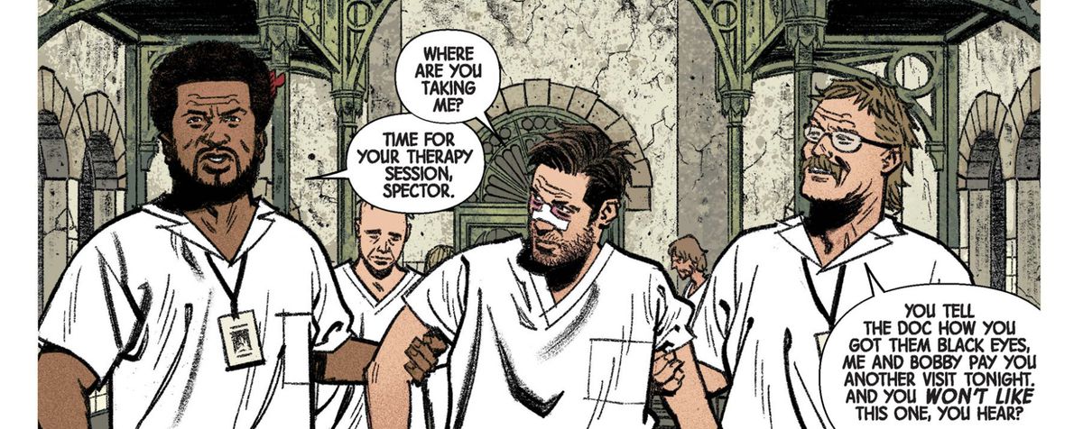 «Dì al dottore come hai avuto quegli occhi neri, io e Bobby ti facciamo un'altra visita stasera. E non ti piacerà questo, hai capito? dice un inserviente mentre lui e il suo partner trascinano Moon Knight da una stanza di pazienti dall'aspetto triste alla sua