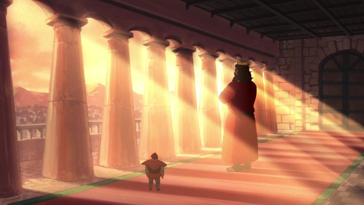 Re Bosse in piedi e guardando fuori mentre un uomo lo guarda 