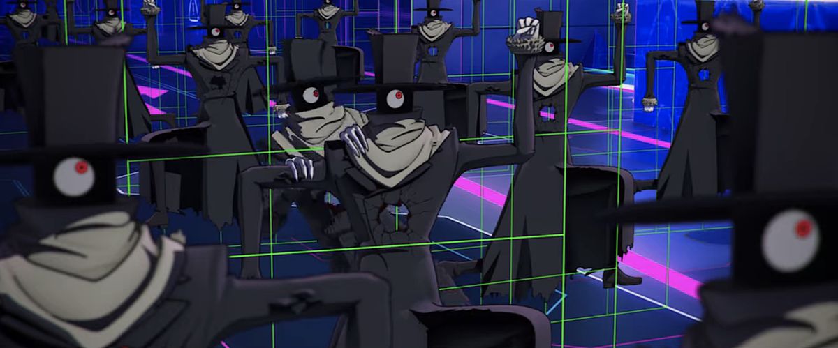 Una serie di copie del personaggio alieno di Eve One-Eye in un campo di computer blu in Adam By Eve