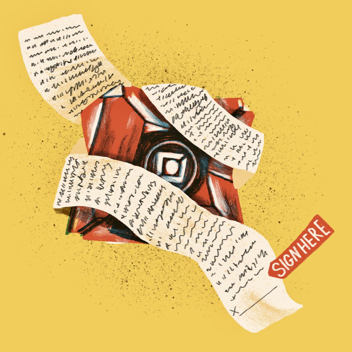 Un'illustrazione editoriale mostra un contratto di lavoro lungo e tortuoso.