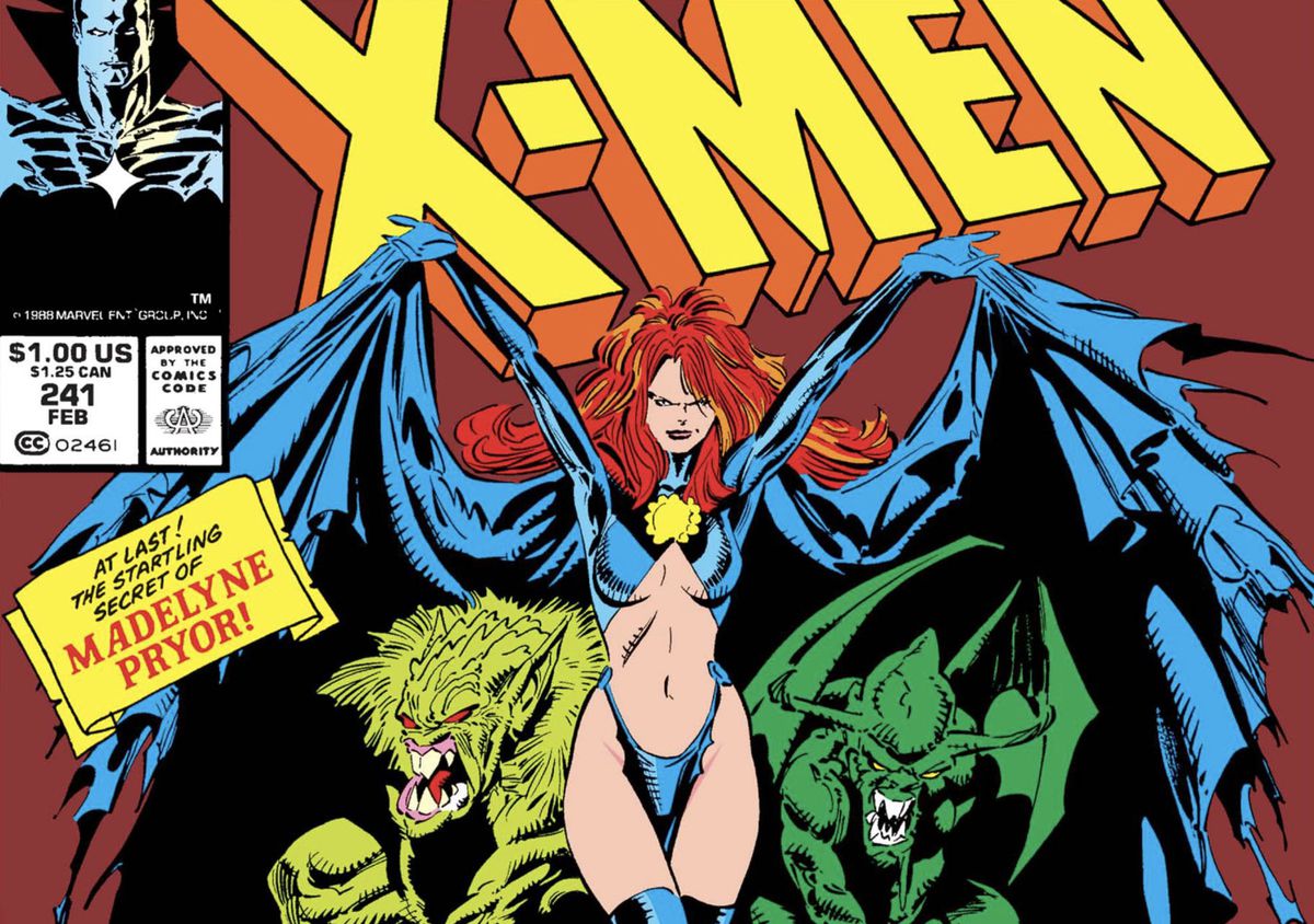 Madelyne Pryor, nelle sue vesti di Regina dei Goblin, alza il mantello su due demoni verdi ringhianti, con il logo degli X-Men sopra di lei, dalla copertina di Uncanny X-Men #241 (1989). 