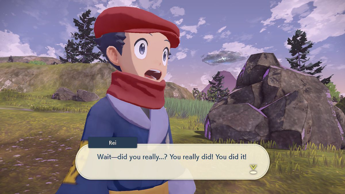 Un personaggio in Pokemon Legends: Arceus che esprime sorpresa per la tua sopravvivenza al tuo incontro con Pokemon selvaggi.