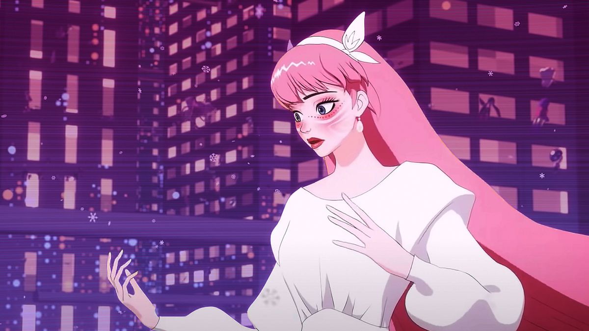 Ancora dal film Belle con un lavaggio di colore rosa/viola sullo sfondo