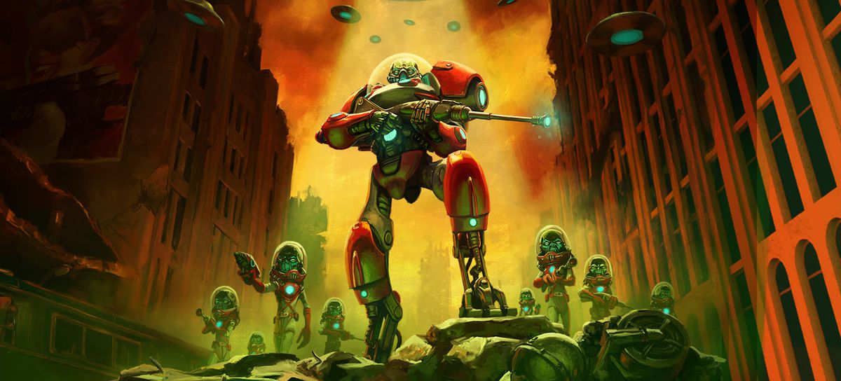 Fallout 76: invasori alieni, che indossano un'armatura rossa e impugnano armi potenti, emergono dalle navi per invadere gli Appalachi