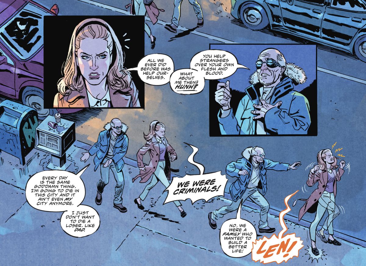 Diverse immagini di Leonard e Lisa Snart di mezza età (Capitano Cold e Golden Glider) disegnate su una strada mentre discutono.