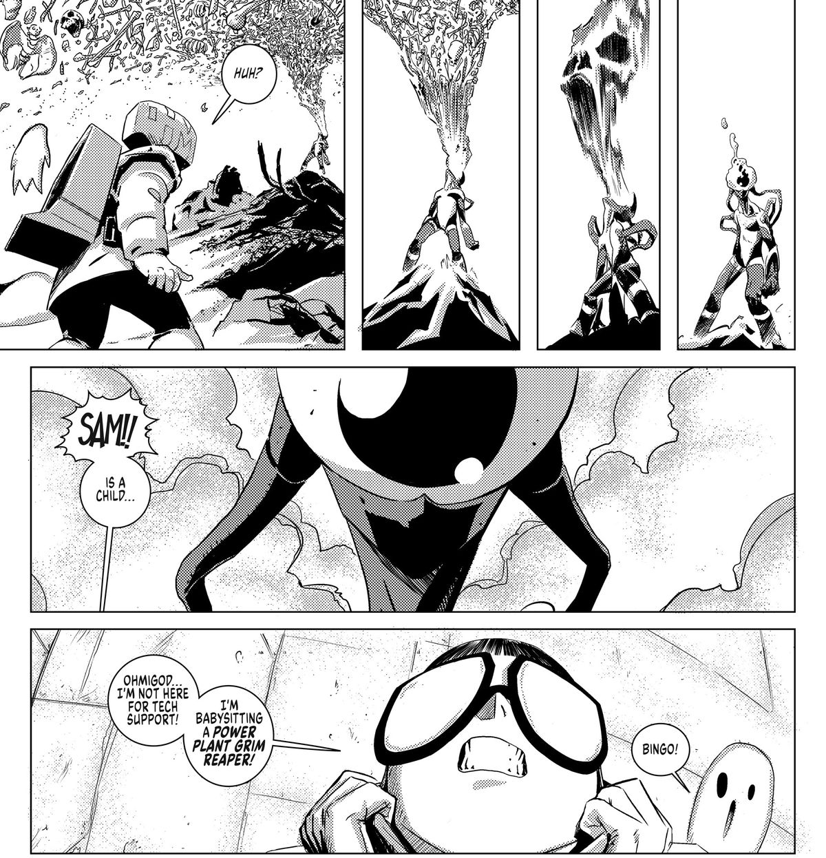 Una strana figura umanoide con un grande bulbo oculare al posto della testa risucchia un'enorme nuvola di smog sotto forma di una faccia urlante.