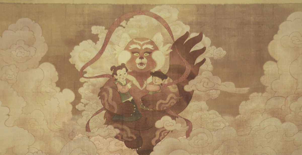 un dipinto di un panda rosso gigante con due figure