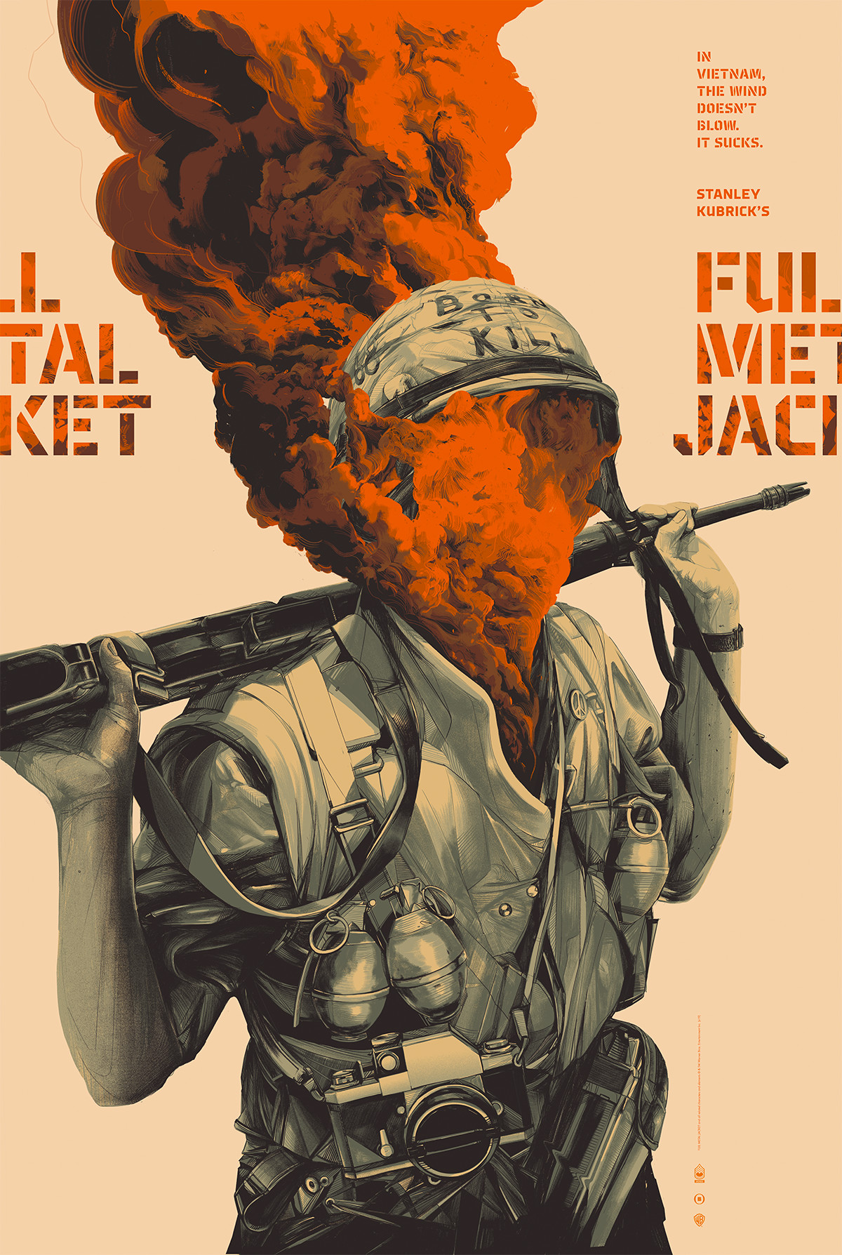 Poster per Full Metal Jacket che mostra la faccia piena di fumo di un soldato che indossa un elmo nato per uccidere.