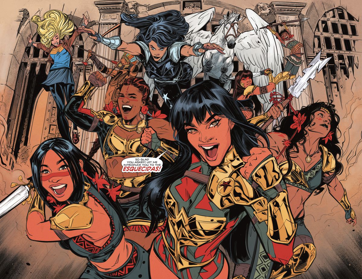 Wonder Girls Yara Flor, Cassie Sandsmark e Donna Troy si riuniscono trionfanti con le loro sorelle Amazzoni Barzilliane della tribù Esquecida in Trial of the Amazons #1 (2022).