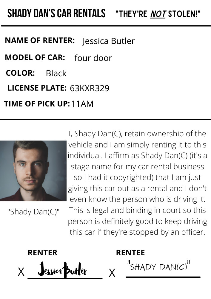 Gioco di ruolo in GTA Online: una burocrazia fraudolenta per il noleggio di un'auto fatta male. Si legge: “Io, Shady Dan(C), conservo la proprietà di questo veicolo e lo sto semplicemente affittando a questa persona. Affermo come Shady Dan (C) (è un nome d'arte per la mia attività di autonoleggio, quindi l'ho protetto da copyright) che sto solo dando questa macchina come noleggio e non conosco nemmeno la persona che la guida. Questo è legale e vincolante in tribunale, quindi la persona è in grado di continuare a guidare se viene fermata da un agente