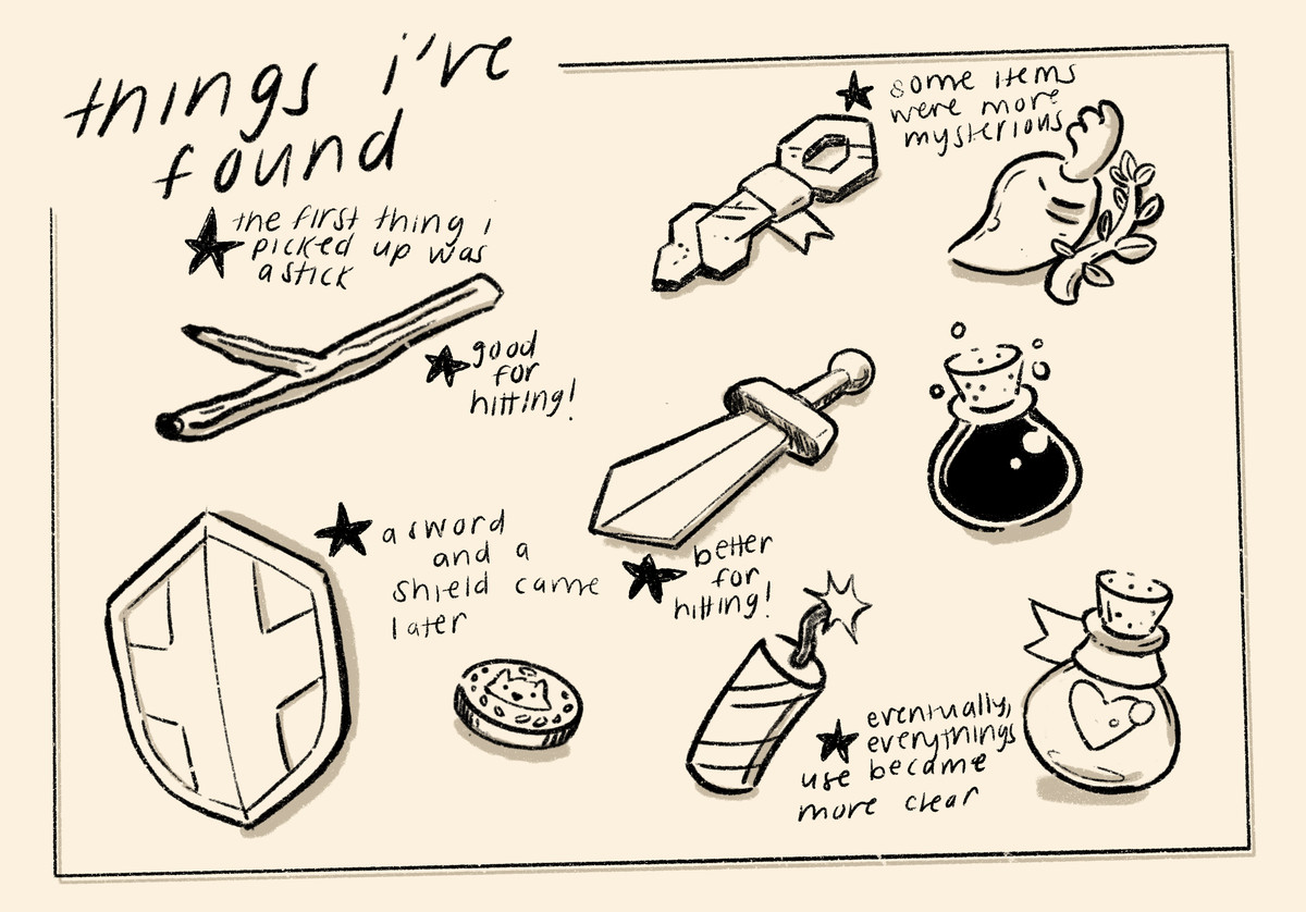 un disegno di spade, bastoni, scudo: un elenco di oggetti in tunica